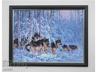 Winter landscape with wolves in a birch forest, painting