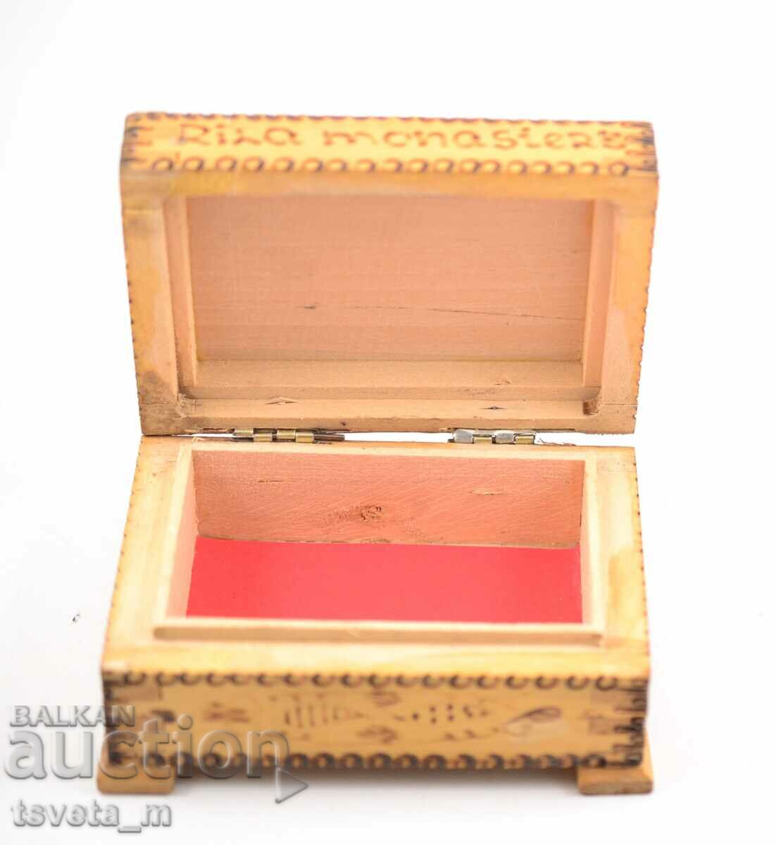 Wooden box, handmade pyrographed Rila Monastery with price 10.00 BGN | € 5.11 Wooden box, handmade pyrographed Rila Monastery with price 10.00 BGN | € 5.11