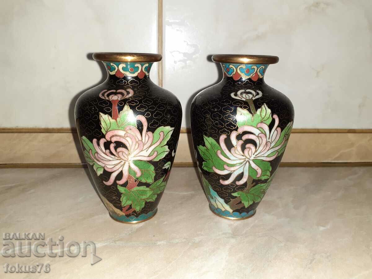 Cloisonne Cloisonne A pair of great vases in bronze cellular enamel - 5