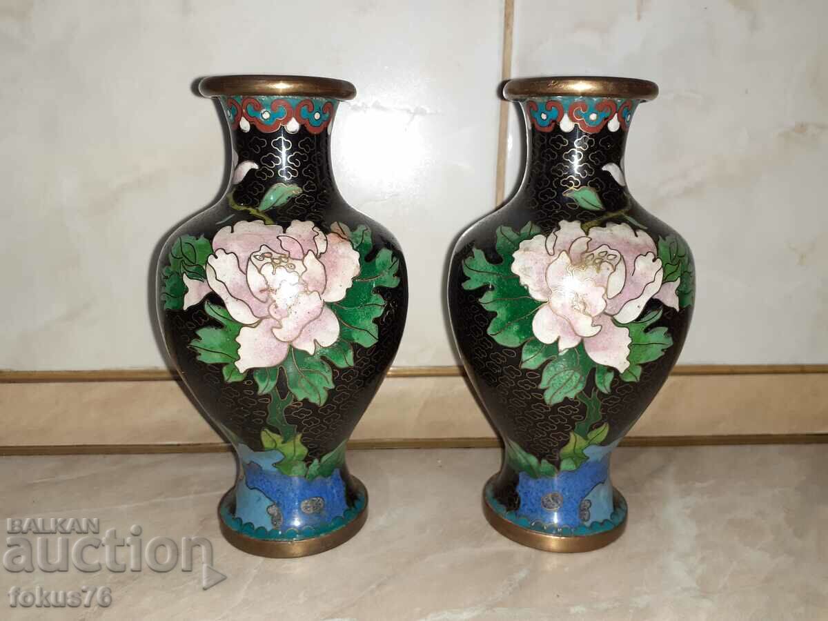 Cloisonne Cloisonne Pair of old vases bronze cellular enamel - 5