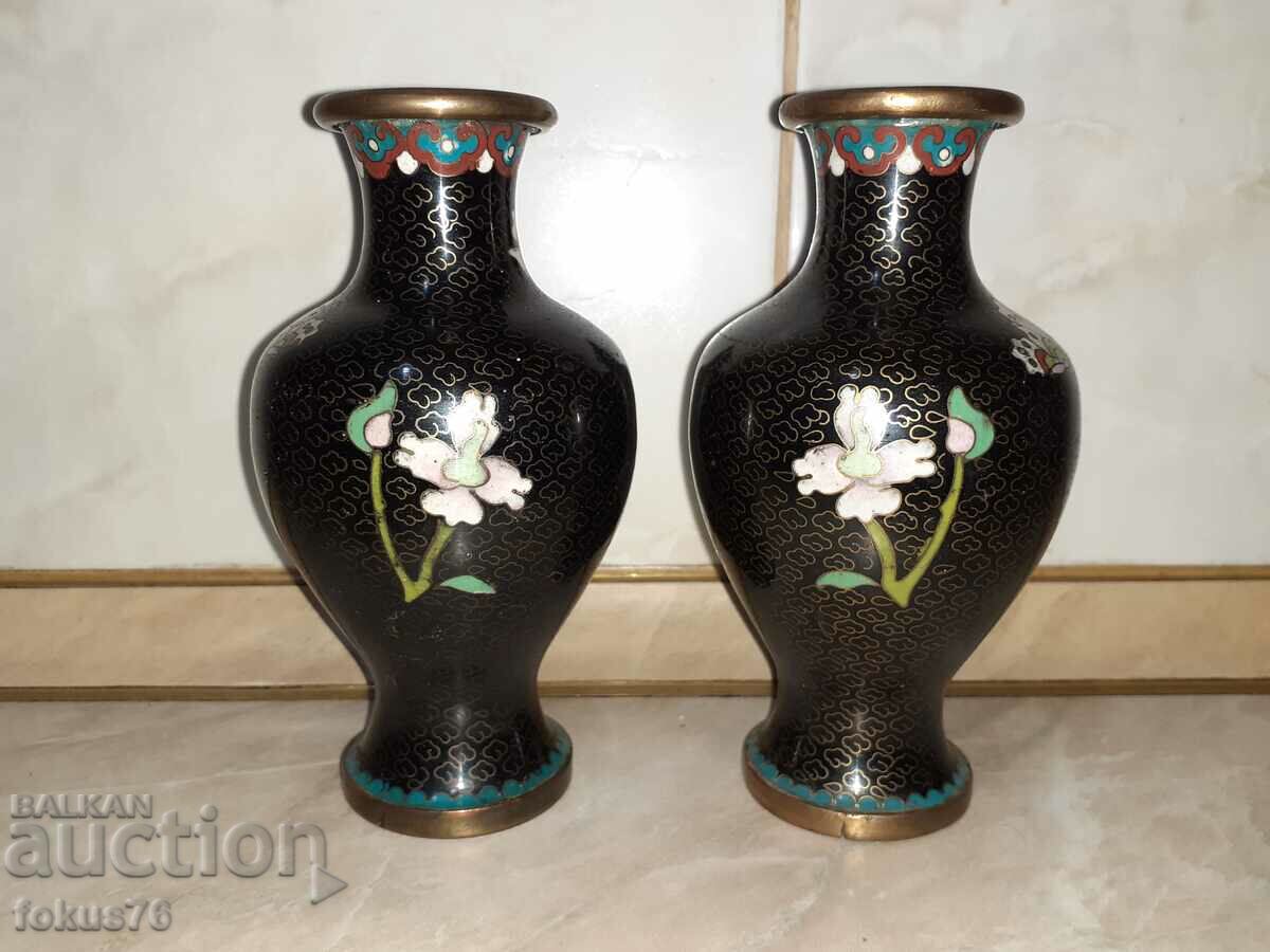 Cloisonne Cloisonne Pair of old vases bronze cellular enamel - 6