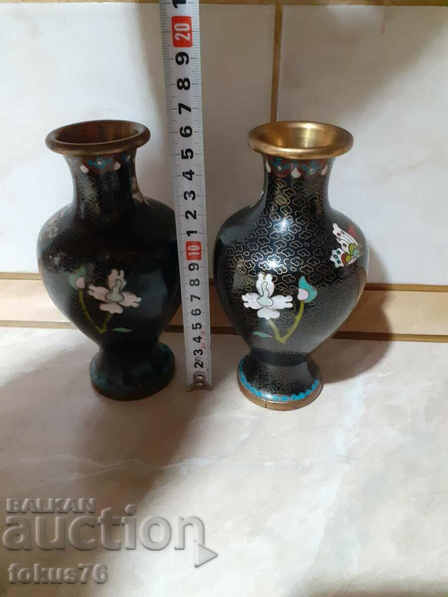 Cloisonne Cloisonne Pair of old vases bronze cellular enamel - 7