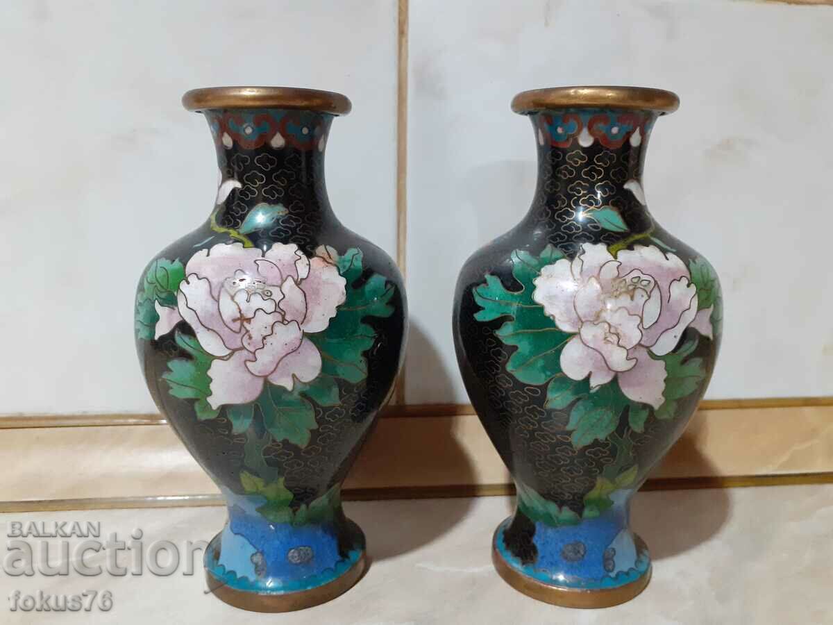 Cloisonne Cloisonne Pair of old vases bronze cellular enamel