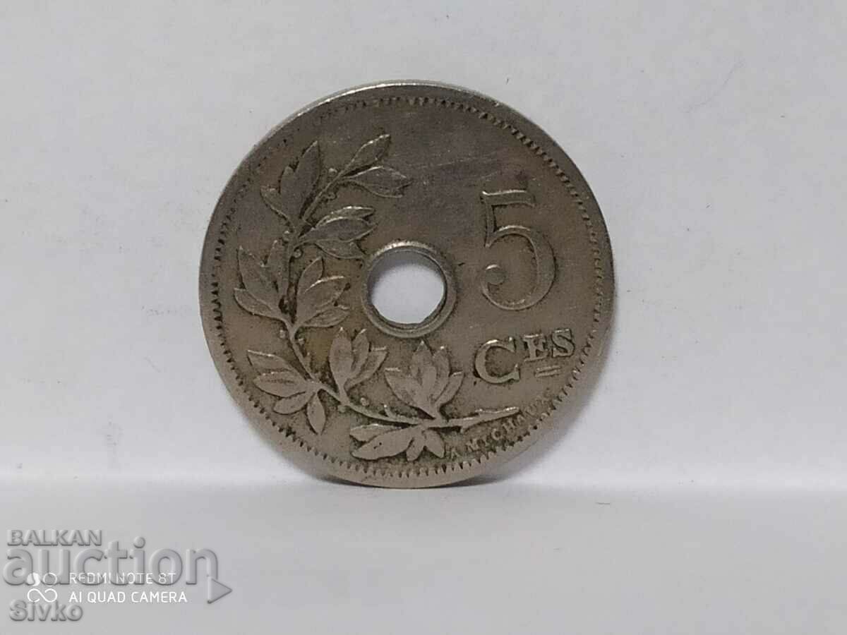 Монета Белгия 5 сантима Леополд ll 1906