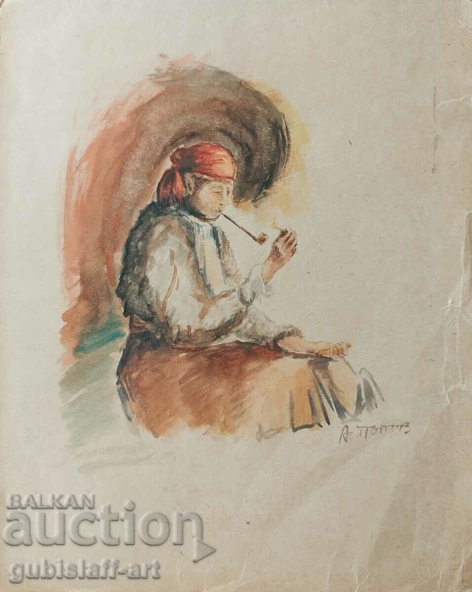 Painting, gypsy woman with a pipe, art. As. Popov, 1950s