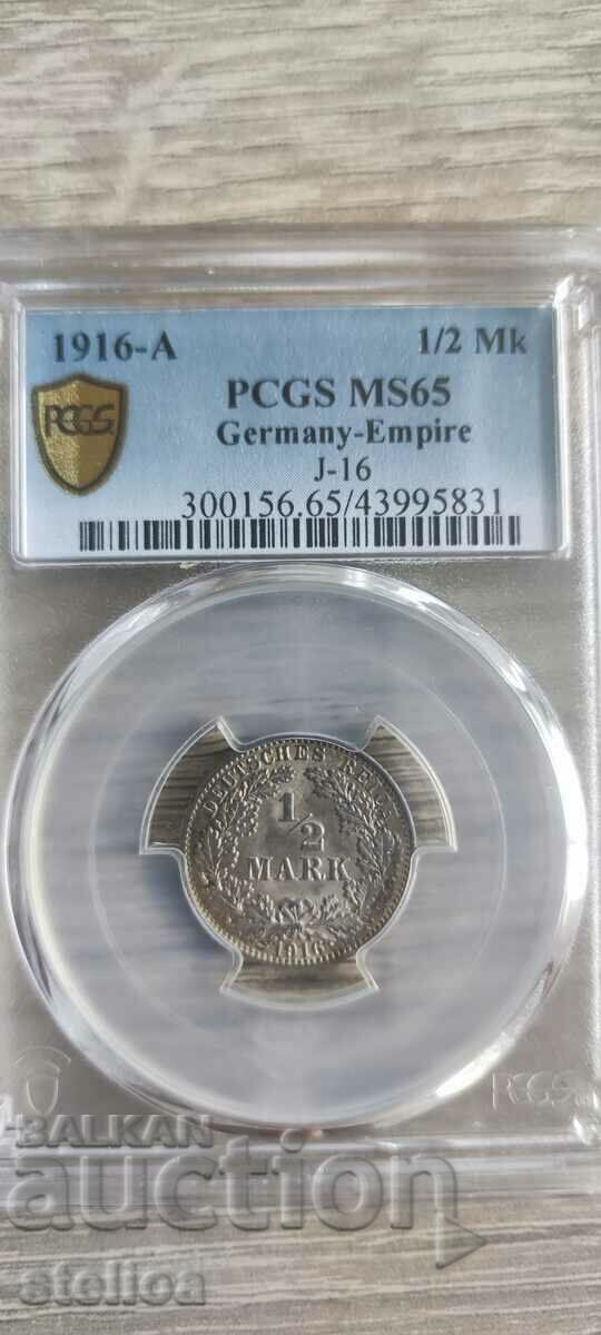 Германия 1/2 mark 1916-A MS65 PCGS