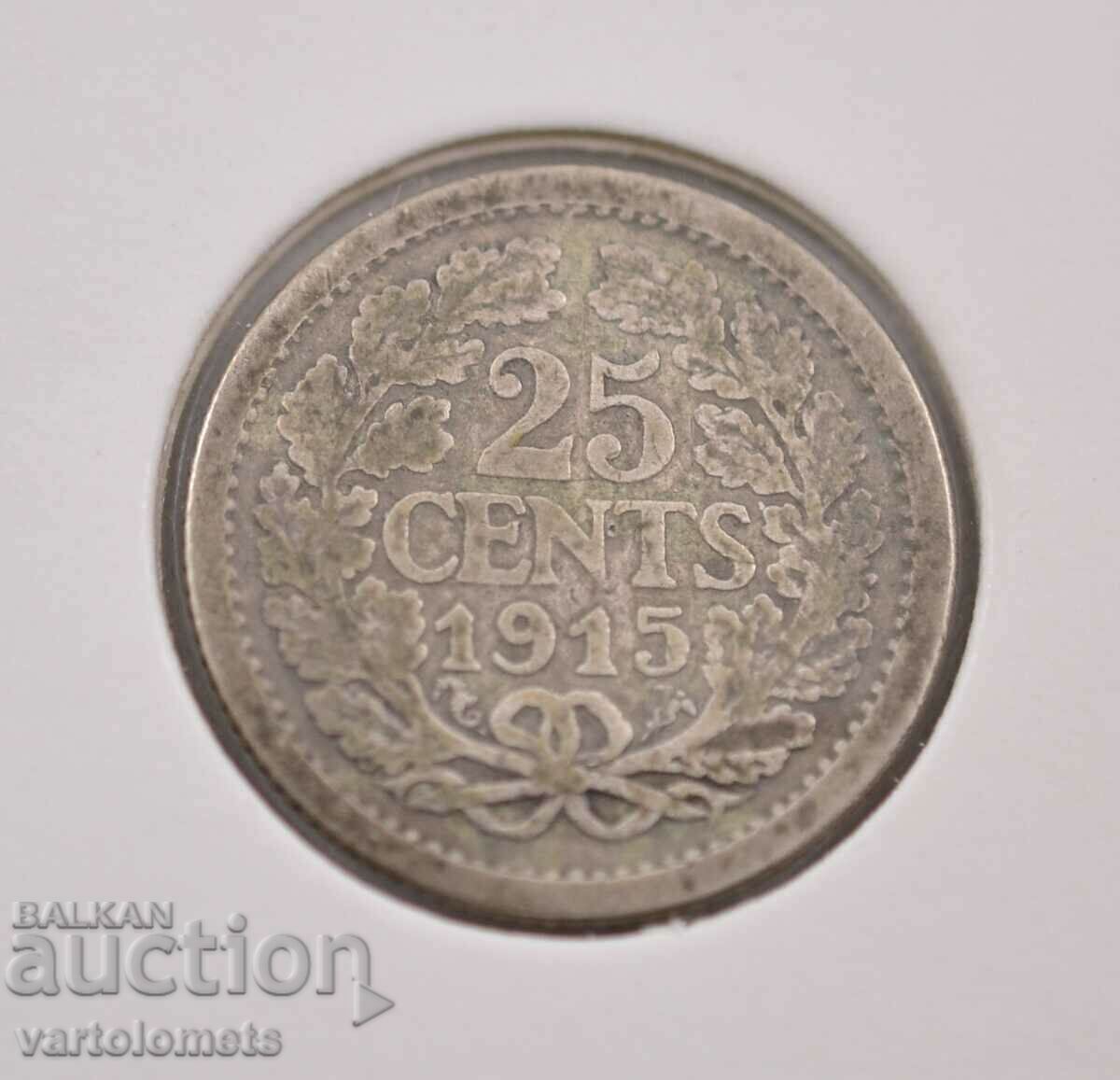 Auction 25 cents 1915 Silver 0.640, 3.58g, ø 19mm - Netherlands Auction 25 cents 1915 Silver 0.640, 3.58g, ø 19mm - Netherlands