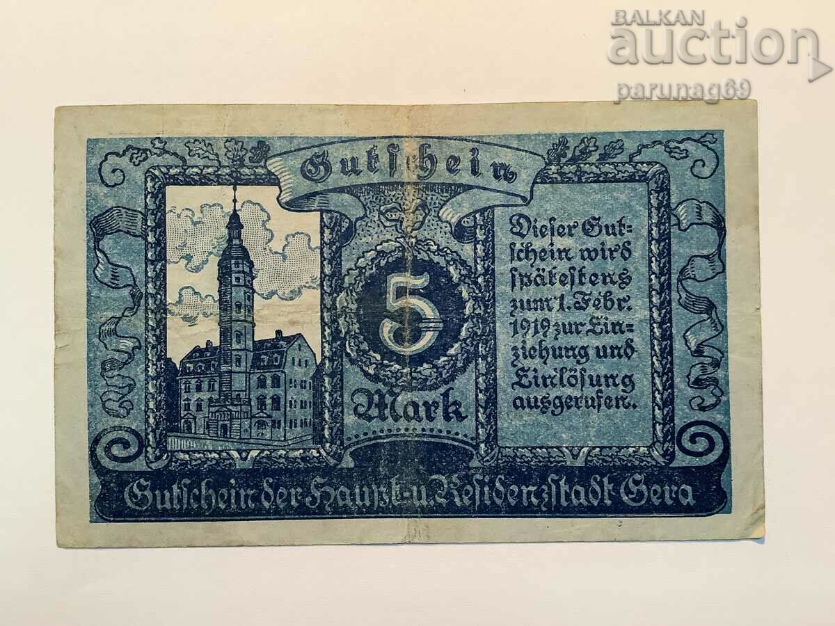 Германия 5 марки 1919 година град Гера