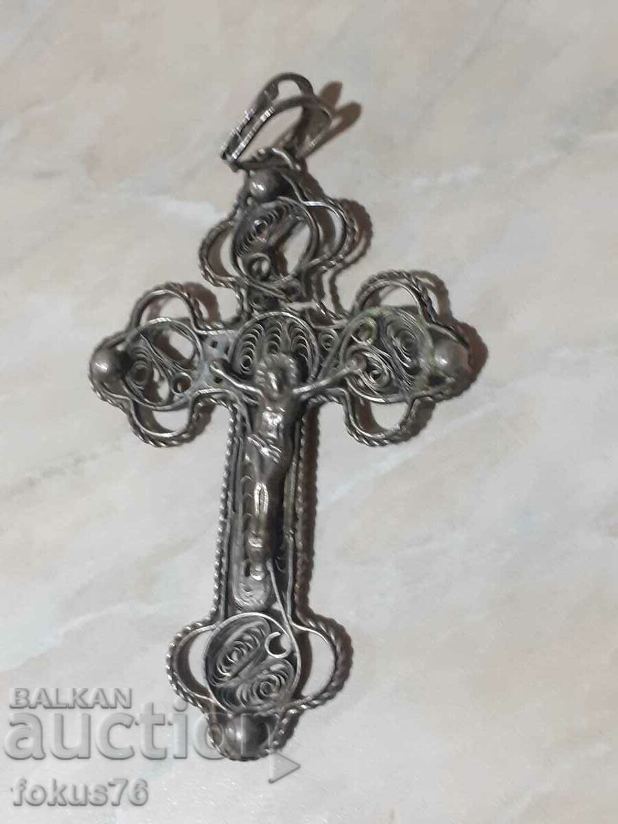 Auction  Old metal revival cross - filigree