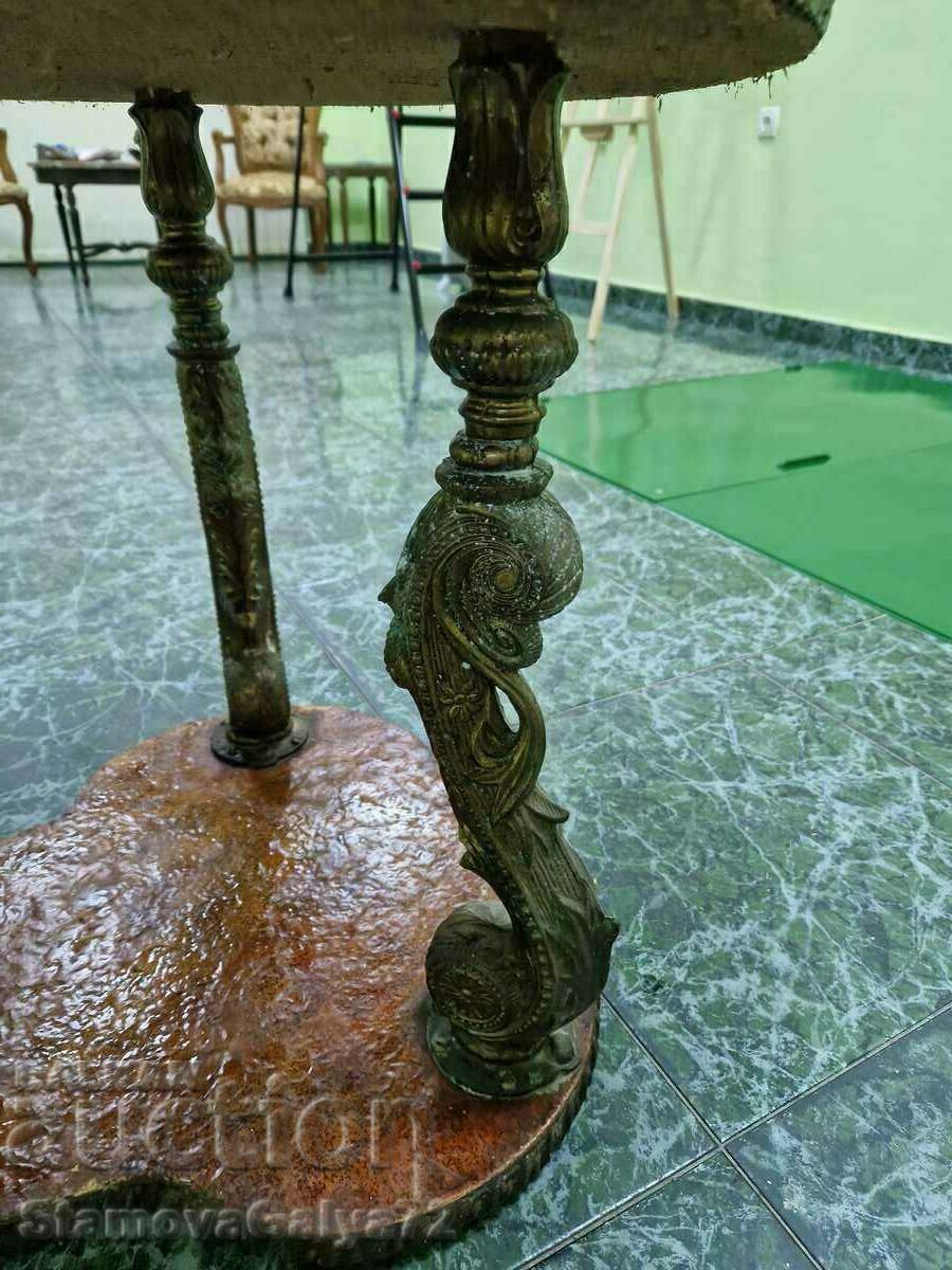 Auction Unique antique brass and wood coffee table with marble top Auction Unique antique brass and wood coffee table with marble top