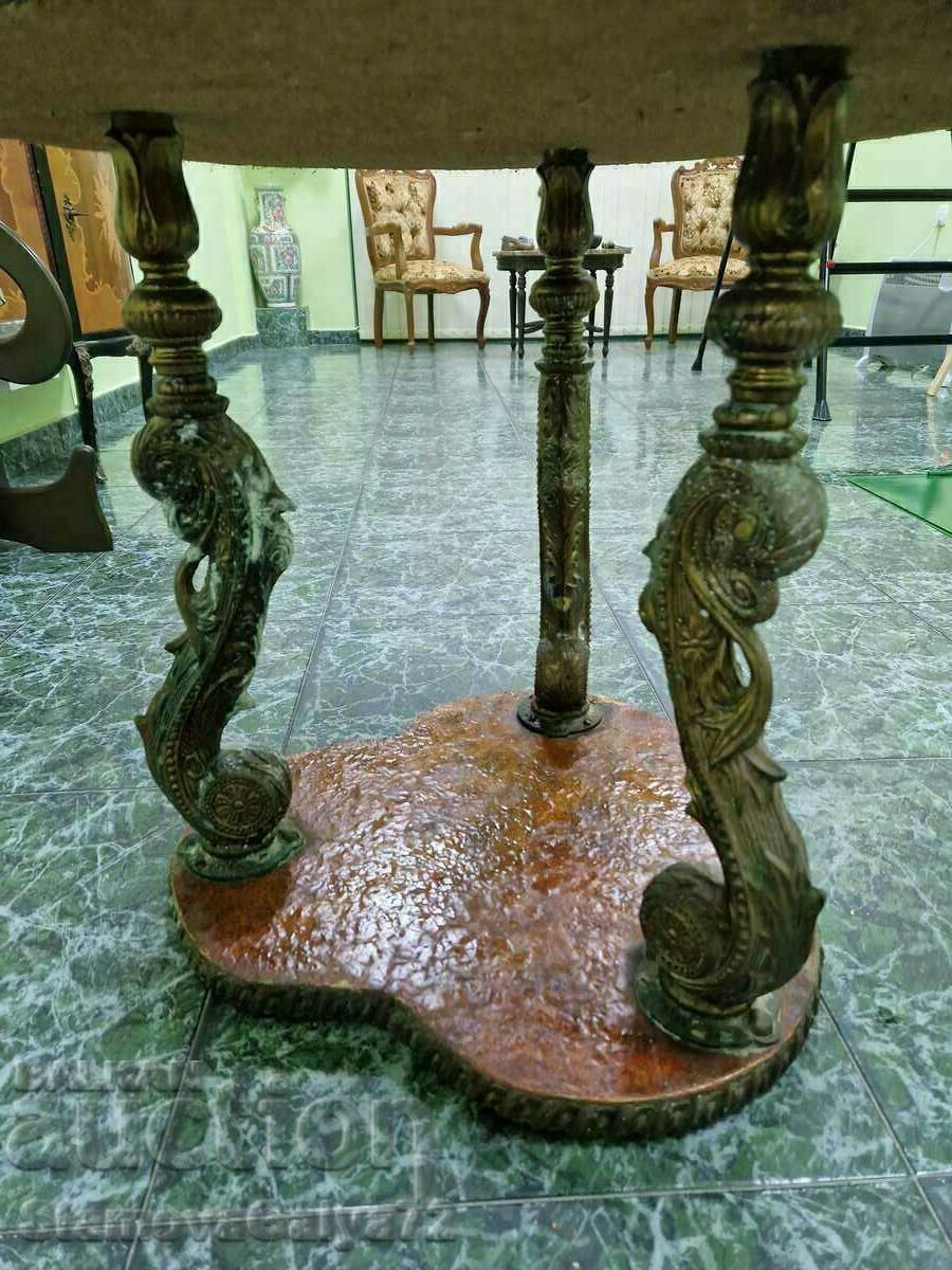 Delivery of Unique antique brass and wood coffee table with marble top Delivery of Unique antique brass and wood coffee table with marble top