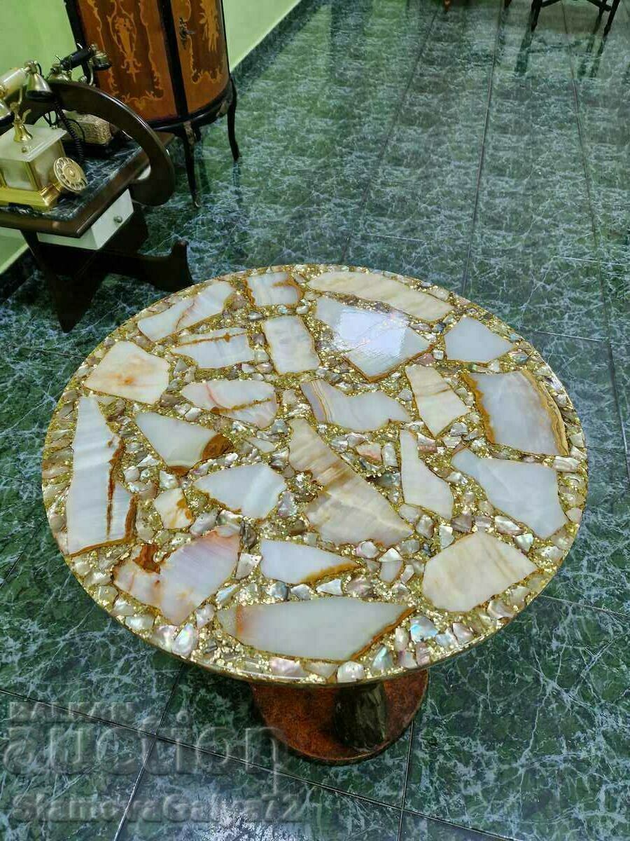 Unique antique brass and wood coffee table with marble top - 5 Unique antique brass and wood coffee table with marble top - 5