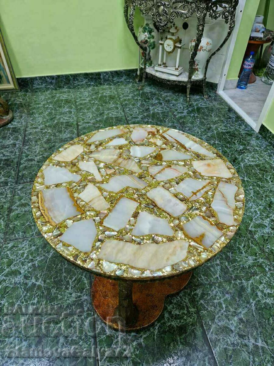 Unique antique brass and wood coffee table with marble top - 6 Unique antique brass and wood coffee table with marble top - 6