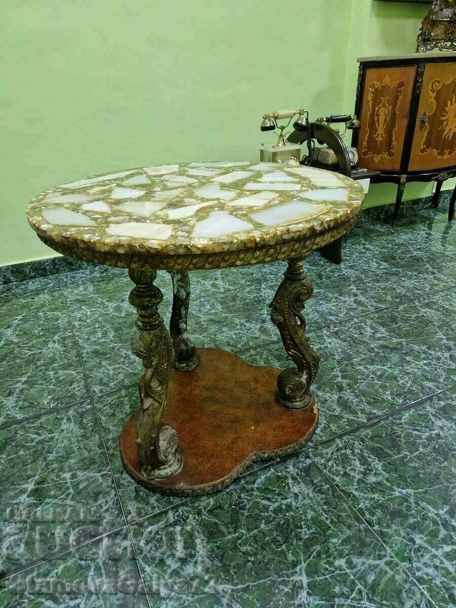 Unique antique brass and wood coffee table with marble top Unique antique brass and wood coffee table with marble top