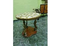 Unique antique brass and wood coffee table with marble top