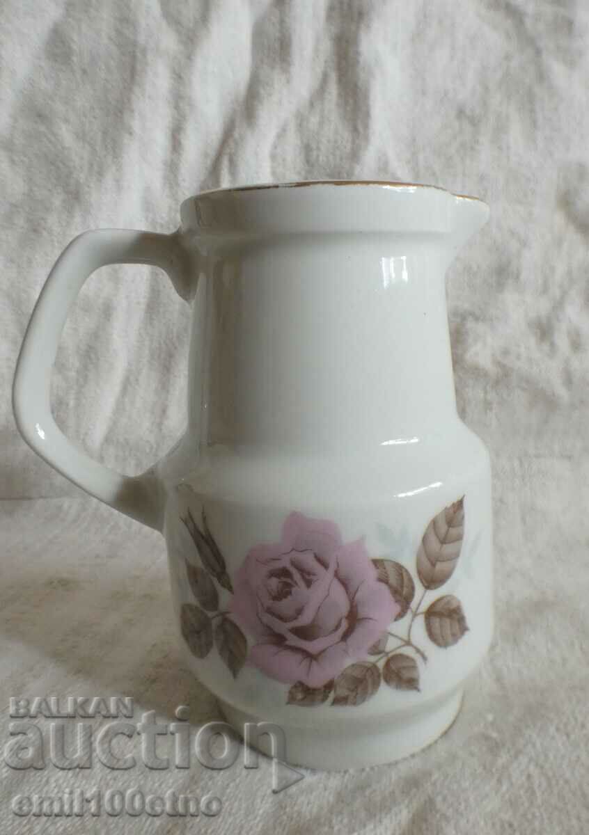 Small jug, old Bulgarian porcelain Kitka Novi Pazar with price 7.00 BGN | € 3.58 Small jug, old Bulgarian porcelain Kitka Novi Pazar with price 7.00 BGN | € 3.58