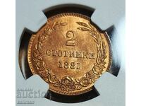 монета 2 стотинки 1881 г. NGC  MS 64 RB