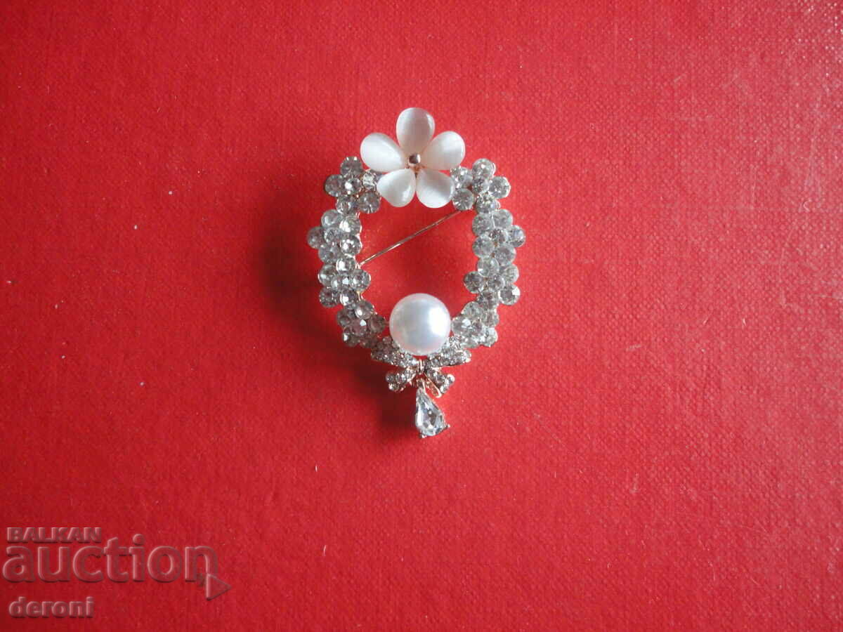 Gold-plated brooch with stones and pearls - 5 Gold-plated brooch with stones and pearls - 5