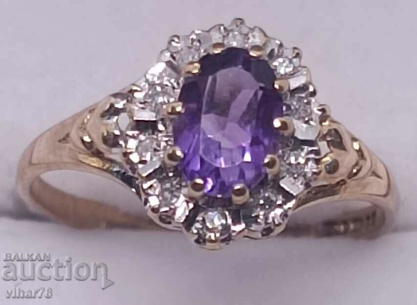 Auction 9 carat gold ring with amethyst and diamonds Auction 9 carat gold ring with amethyst and diamonds