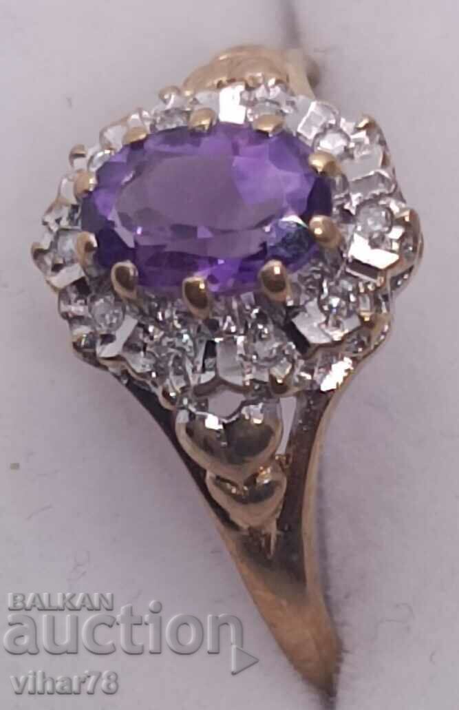 Златен пръстен 9 карата с аметист и диаманти