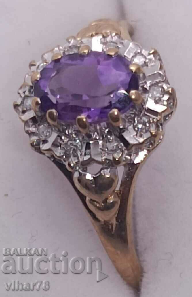 9 carat gold ring with amethyst and diamonds