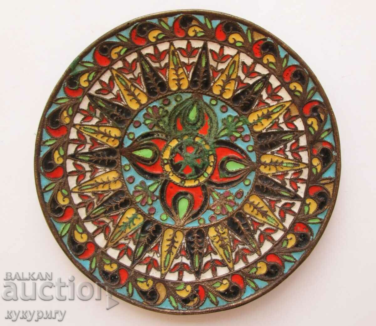 Old Russian handmade plate bronze and cellular enamel