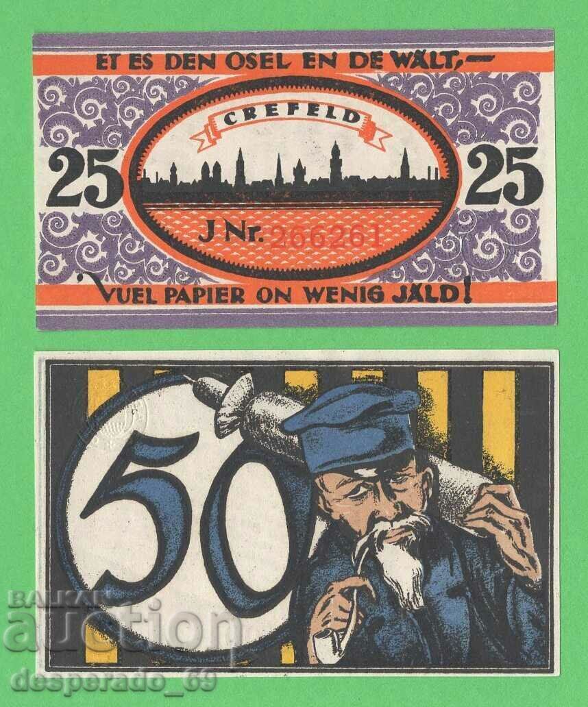 (¯`'•.¸NOTGELD (πόλη του Crefeld) 1921 UNC -2 τραπεζογραμμάτια¸.•'´¯)