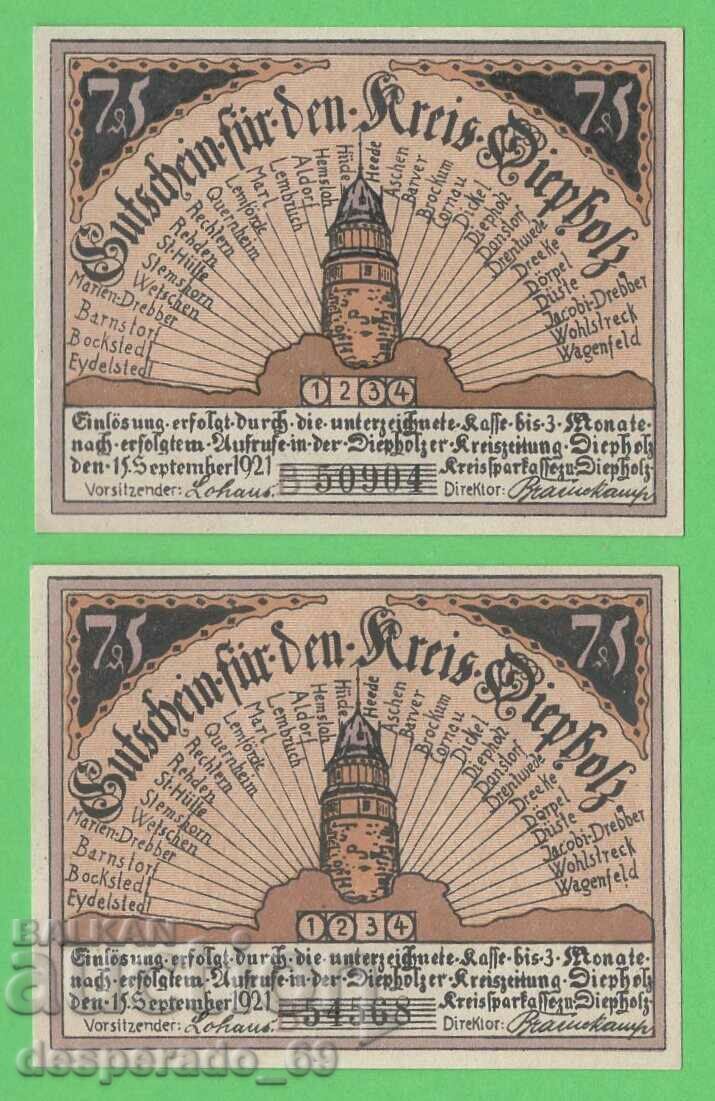 (¯`'•.¸NOTGELD (city. Diepholz) 1921 UNC -2 pcs. banknotes¸.•'´¯) with price 5.40 BGN | € 2.76