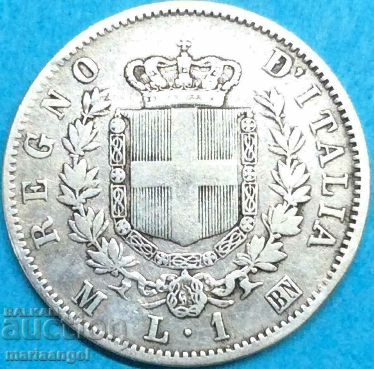 Италия 1 лира  "Щит"1863 М - Милан  сребро 2