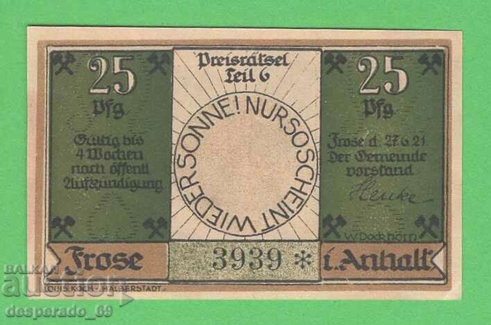 (¯`'•.¸NOTGELD (gr. Frose) 1921 UNC -25 pfennig¸.•'´¯) with price 2.40 BGN | € 1.23