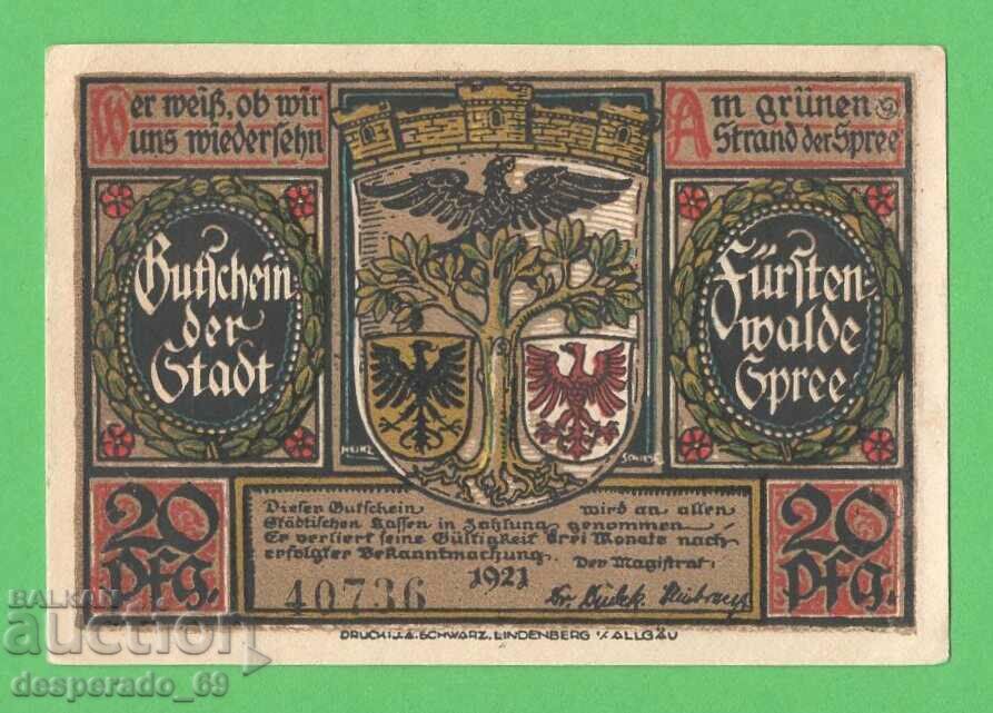 (¯`'•.¸NOTGELD (city Fürstenwalde) 1921 UNC -20 pfennig •'´¯) with price 2.90 BGN | € 1.48 (¯`'•.¸NOTGELD (city Fürstenwalde) 1921 UNC -20 pfennig •'´¯) with price 2.90 BGN | € 1.48