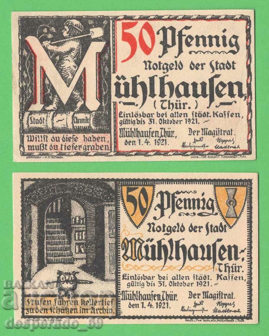 (¯`'•.¸NOTGELD (πόλη Mühlhausen) 1921 UNC -2 τεμ. τραπεζογραμμάτια '´¯)