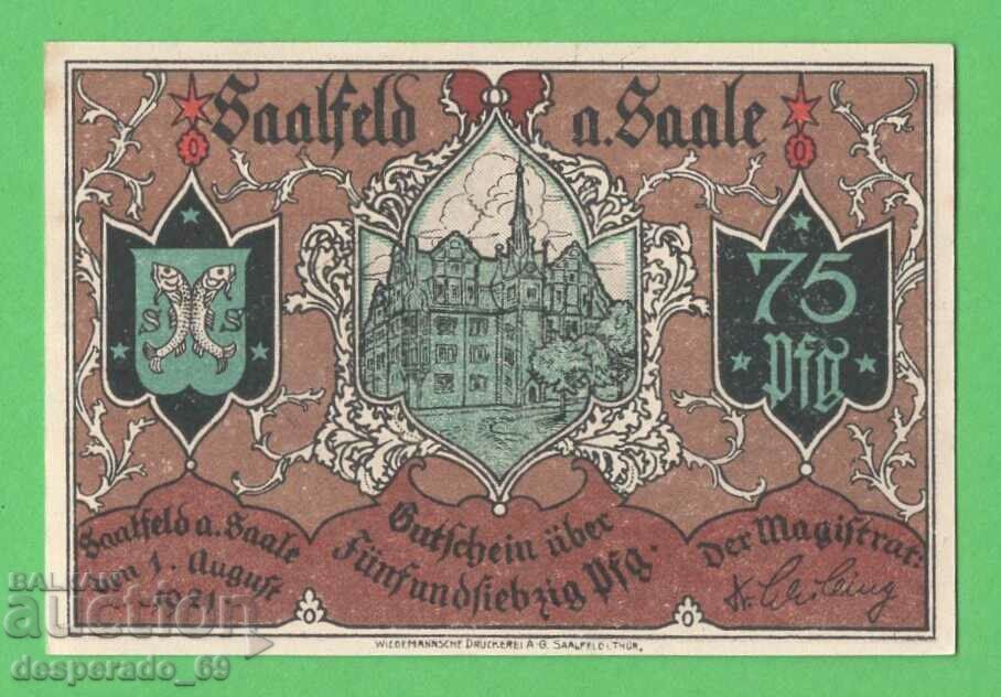 (¯`'•.¸NOTGELD (city Saalfeld) 1921 UNC -75 pfennig¸.•'´¯) with price 3.50 BGN | € 1.79 (¯`'•.¸NOTGELD (city Saalfeld) 1921 UNC -75 pfennig¸.•'´¯) with price 3.50 BGN | € 1.79