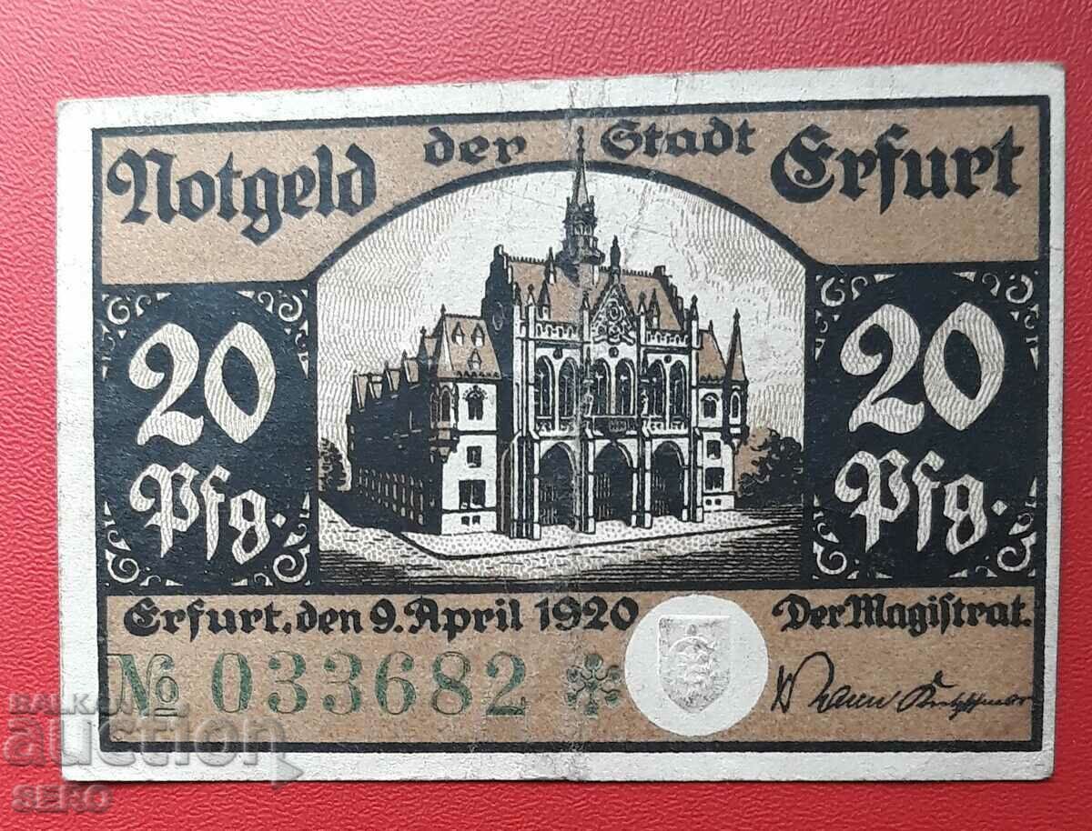 Τραπεζογραμμάτιο-Γερμανία-Θουριγγία-Ερφούρτη-20 pfennig 1920