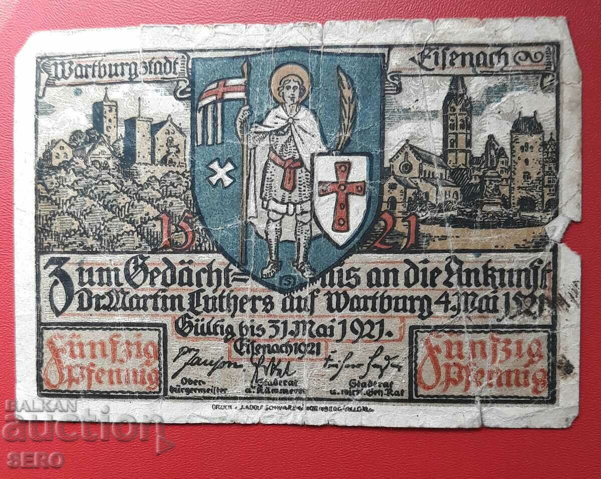 Τραπεζογραμμάτιο-Γερμανία-Θουριγγία-Wartburg-50 pfennig 1921