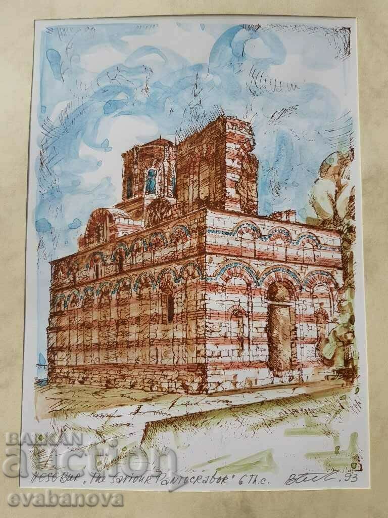 Vasil Banov color graphic Christ Pantokrator Nessebar 1993 with price 20.00 BGN | € 10.23