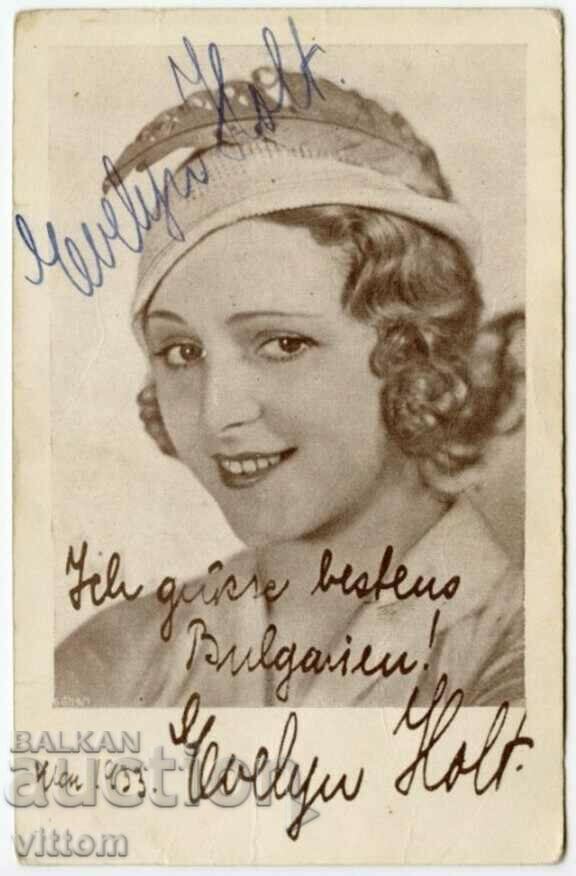 Actress Evelyn Holt autograph dedication to Bulgarian cinema