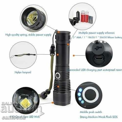 Super powerful flashlight P90, up to 500 meters, battery, USB with price 22.99 BGN | € 11.75 Super powerful flashlight P90, up to 500 meters, battery, USB with price 22.99 BGN | € 11.75