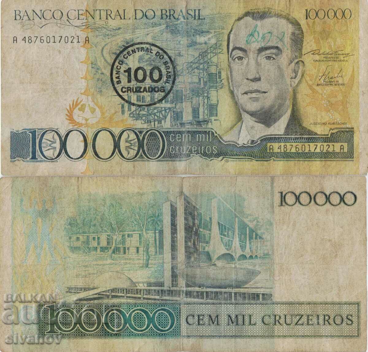 Brazil 100 cruzados on 100,000 cruzeiros 1986#5279