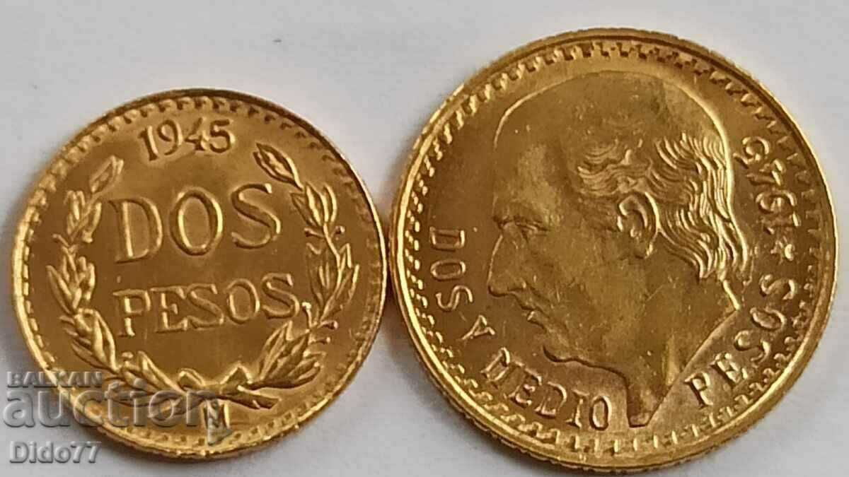 1945 -2 and 2 and 1/2 Pesos, Mexico, gold
