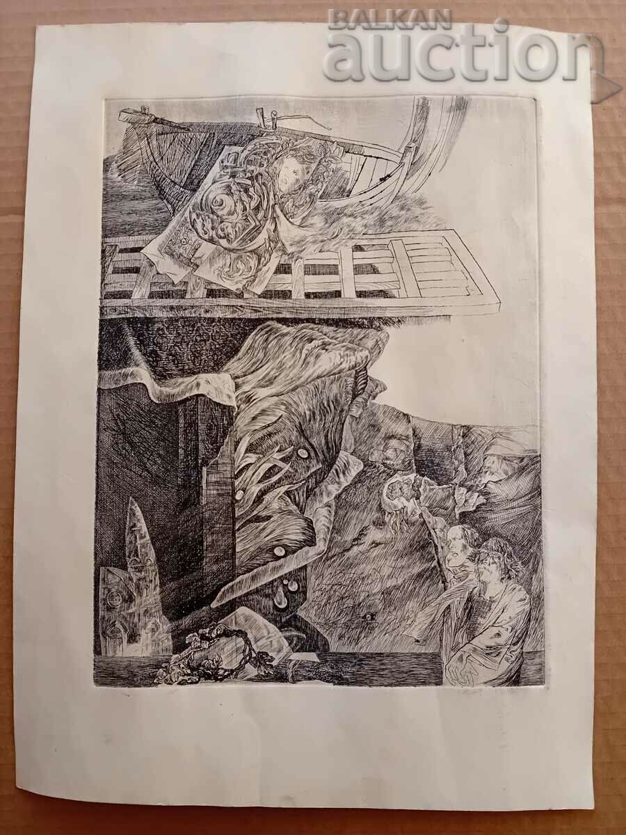 Auction vintage etching graphic lithograph needle framed with glass Auction vintage etching graphic lithograph needle framed with glass