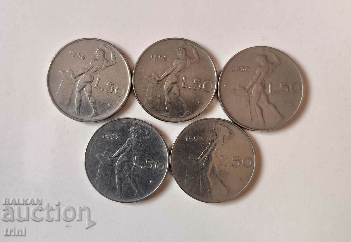 Италия лот 50 лири 1954 , 1955 , 1956 , 1957 и 1959 г. а3