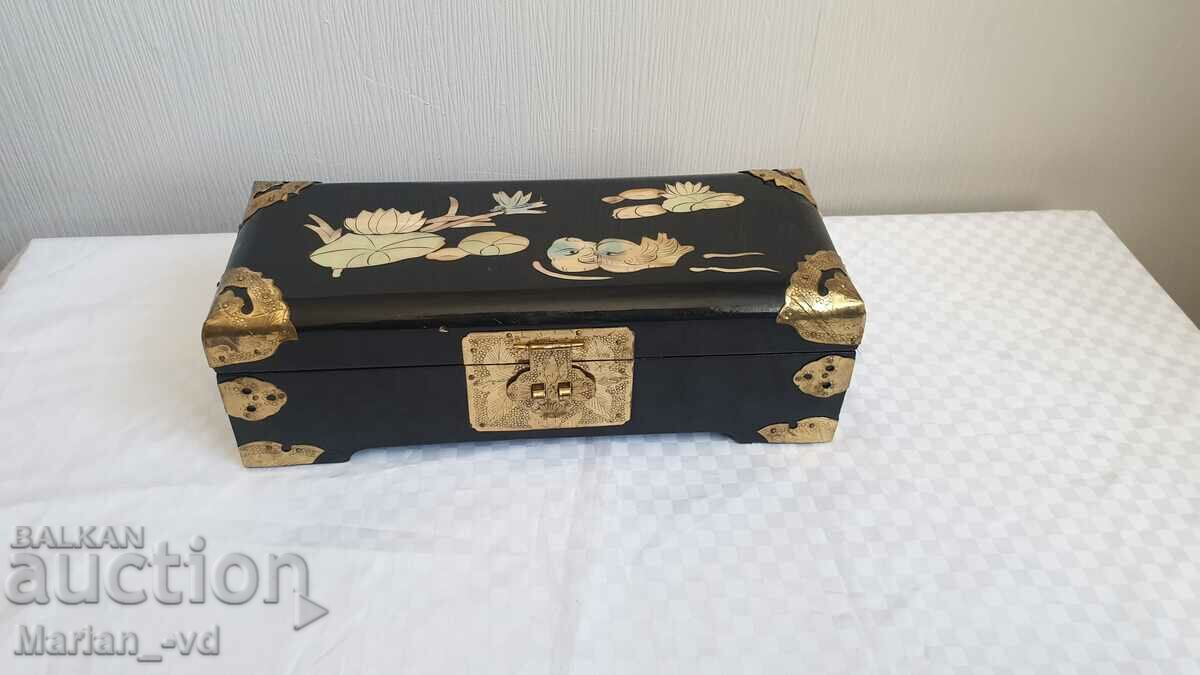 Old Chinese jewelry box made of black wood and mother of pearl