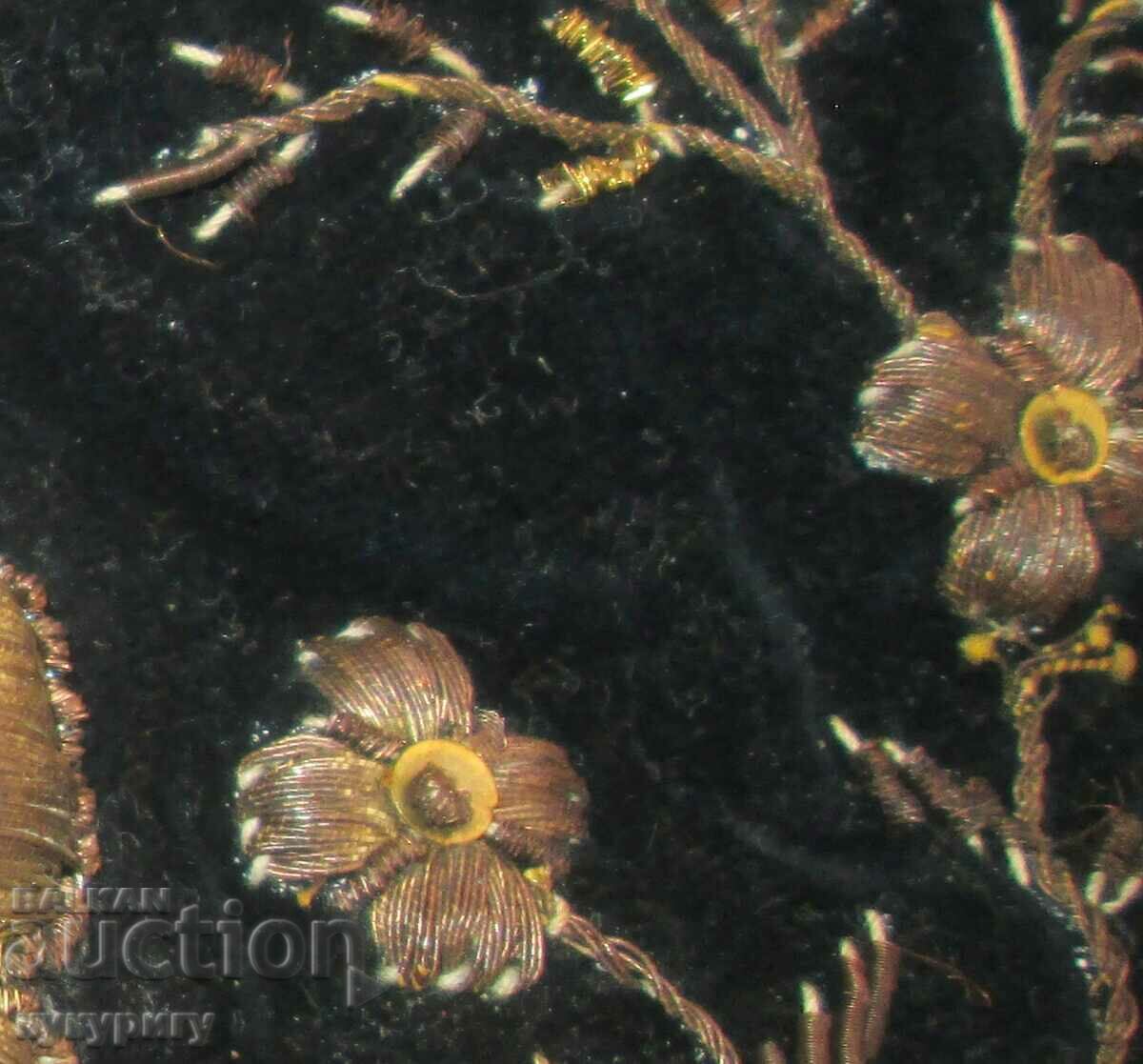 Auction  Old embroidery on velvet with gold tinsel cushion