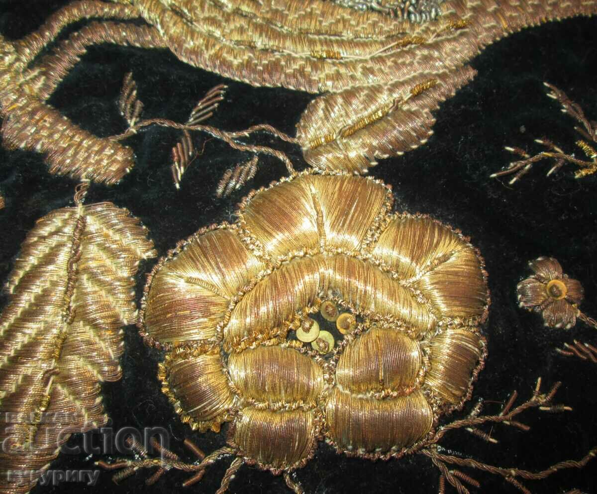Delivery of Old embroidery on velvet with gold tinsel cushion
