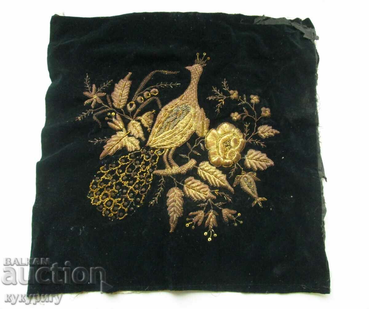 Old embroidery on velvet with gold tinsel cushion