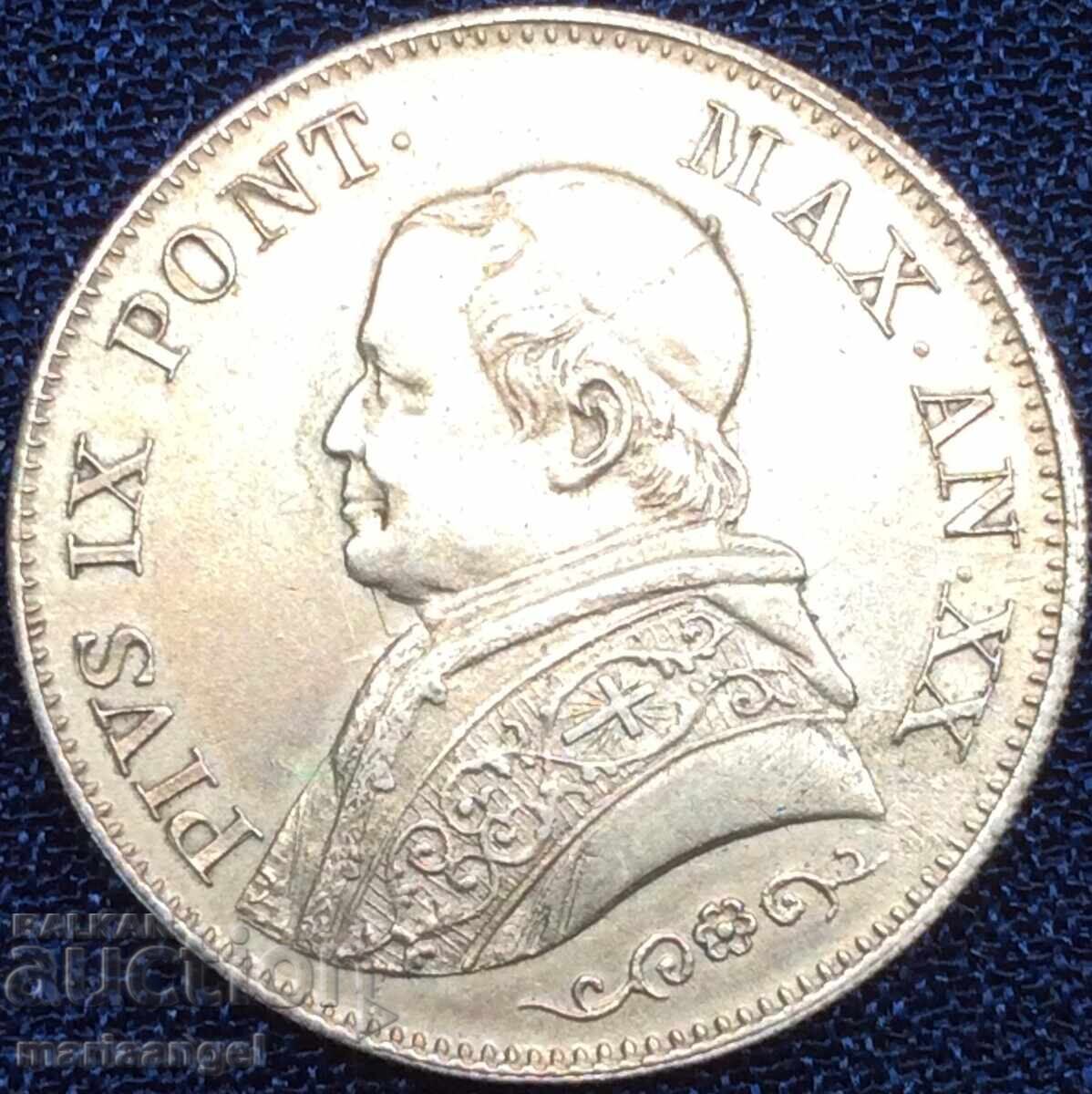 1 liră 1866 Vatican Pius IX „AN XX+cap mic” - RRRR