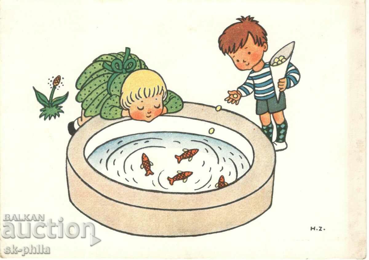 Стара картичка - поздравителна - Хранене на рибки