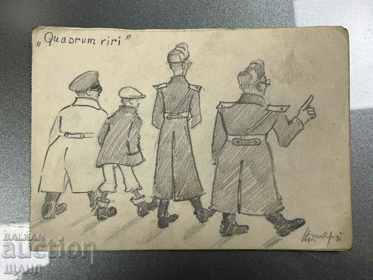 1941 Рисунка Молив Шарж Карикатура Полицай Квадрумвир Подпис