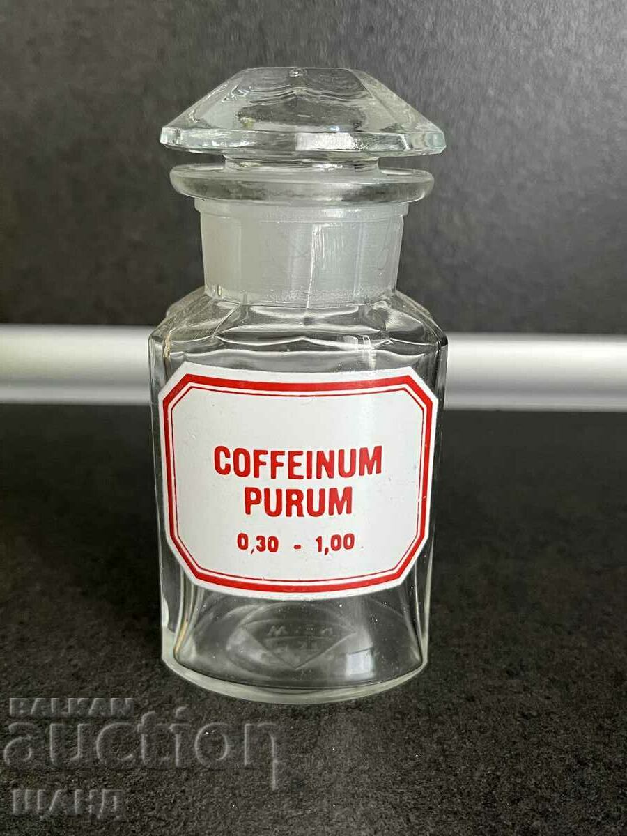 Старо Стъклено Аптекарско Шише Фармация COFFEINUM PURUM